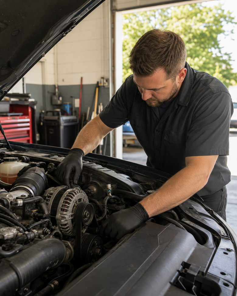 Automotive technician inspecting the alternator and belt system under an open hood during a charging system check