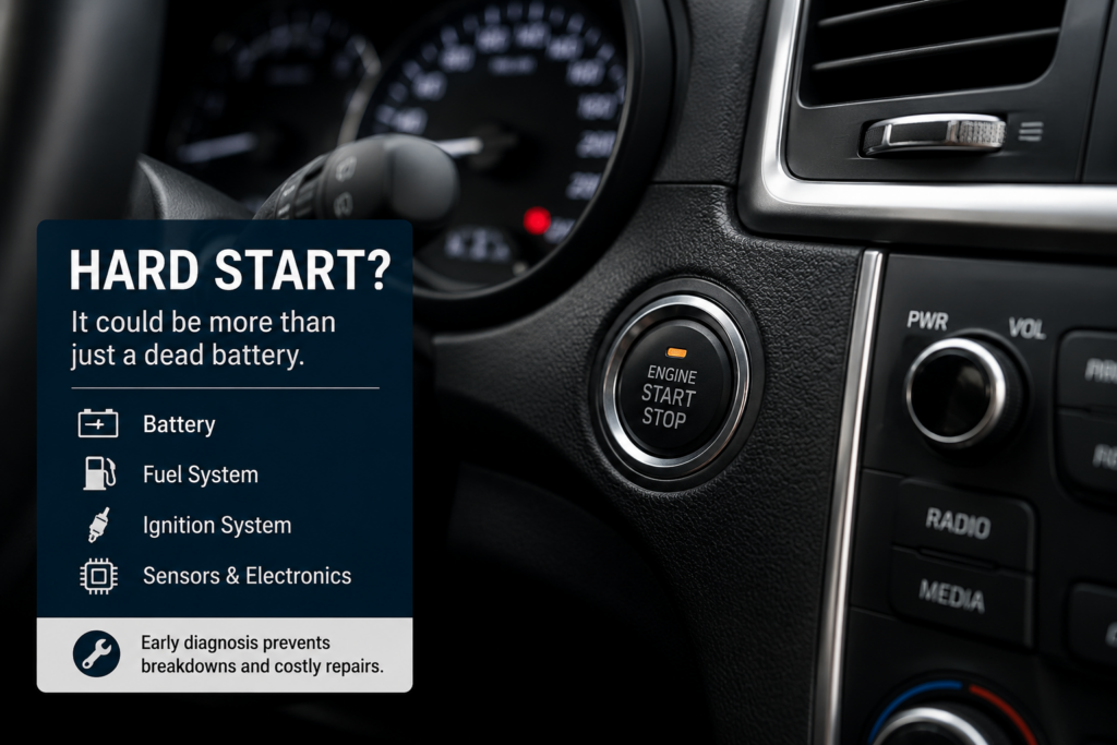 Vehicle dashboard and push-button ignition illustrating common hard-start symptoms and potential system causes