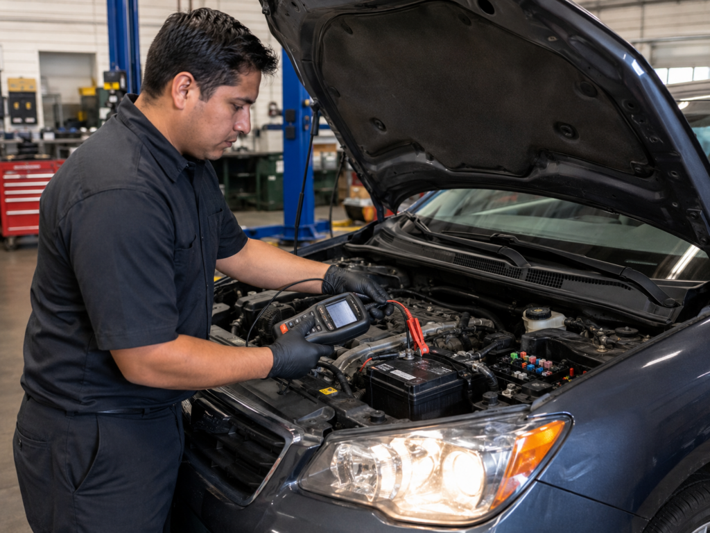 Automotive technician testing a vehicle battery and electrical components under an open hood during a safety inspection