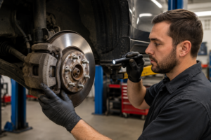 Automotive technician inspecting a brake rotor and caliper during a comprehensive vehicle safety inspection