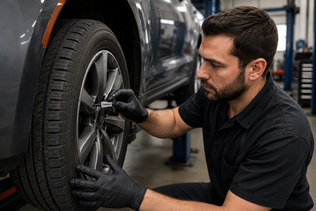 Automotive technician measuring tire tread depth during a vehicle safety inspection in a repair shop