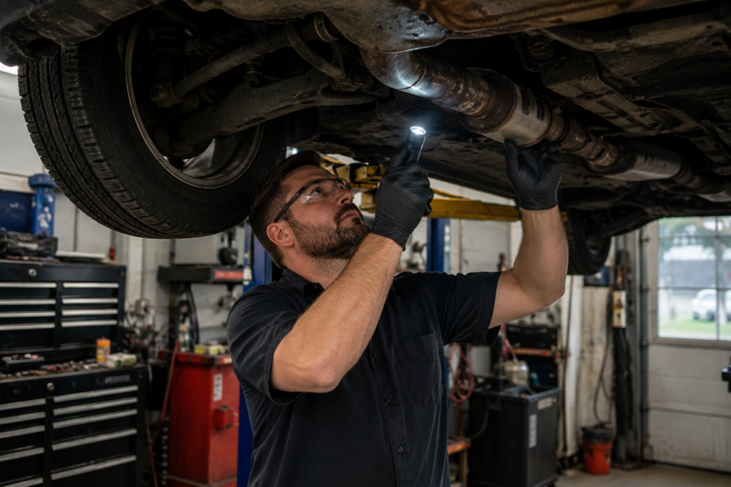 Automotive technician inspecting the exhaust system and undercarriage of a raised vehicle with a flashlight