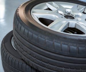 Close-up of tires at repair garage